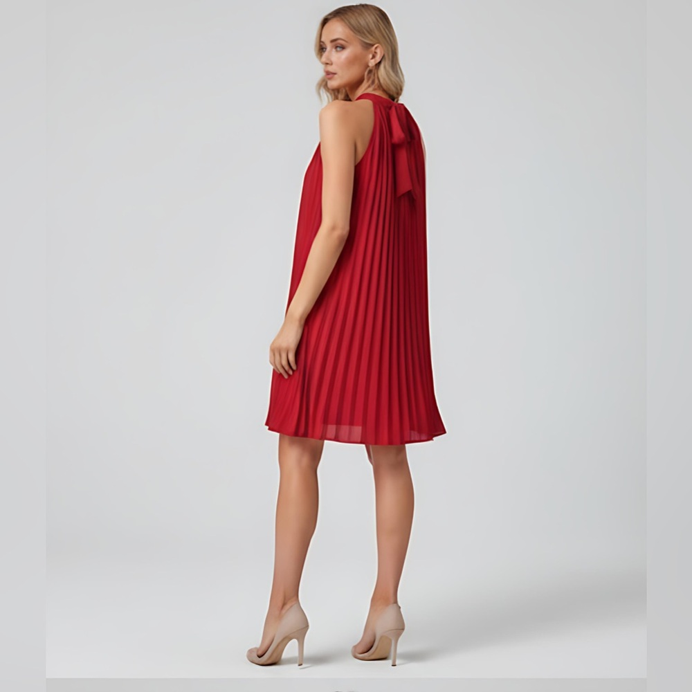 Red Tie Back Pleated Halter Dress - Picture 3 of 7